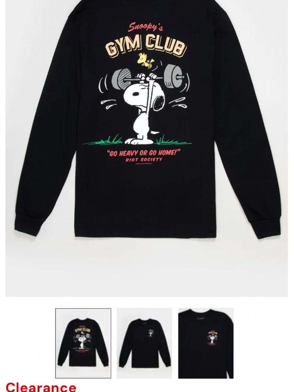 RIOT SOCIETY x Peanuts Snoopy's Gym Club Mens Long Sleeve Tee